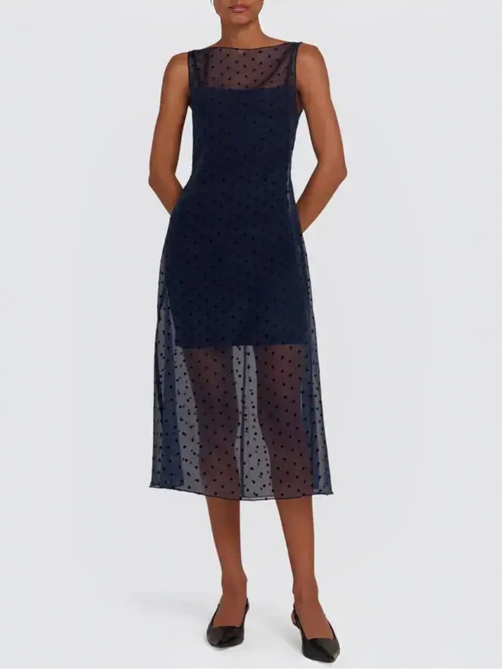 Amanda Uprichard Minata Navy Sheer Polka Dot Midi Dress Sz S MSRP $264 NWT